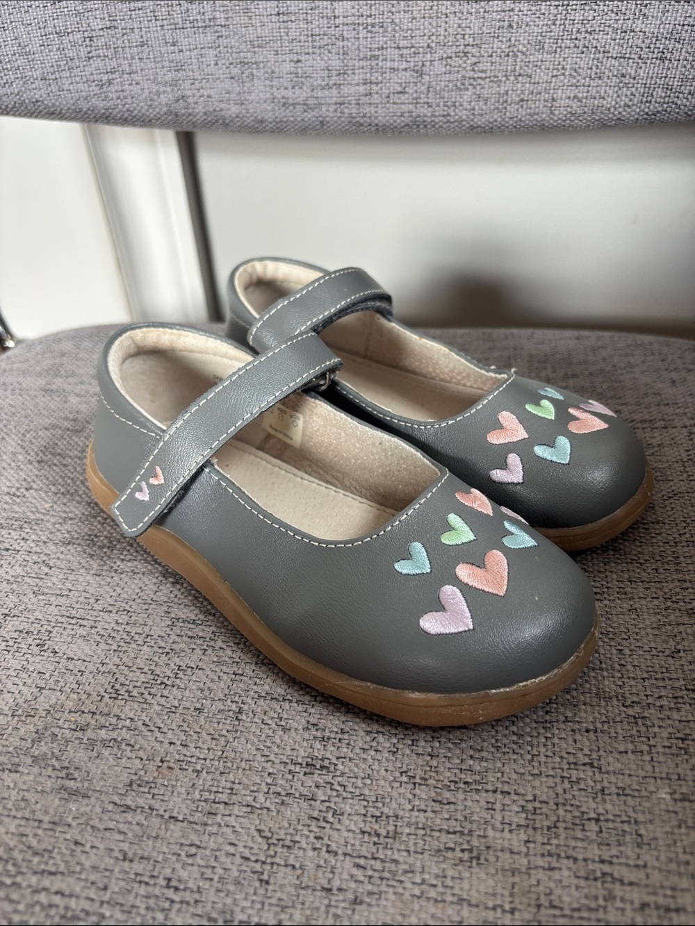 See Kai Run Ginny Gray Leather Embroidered Hearts Mary Jane Shoes